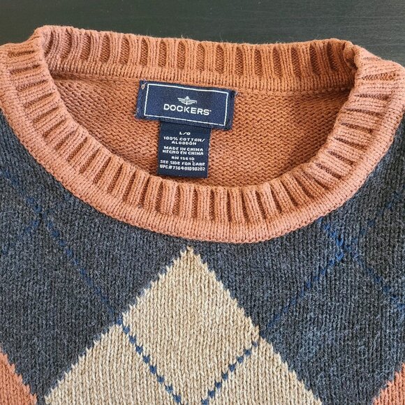 Dockers Mens Sweater Rust Color Knit Argyle Pullover 100% Cotton Large - Picture 3 of 7